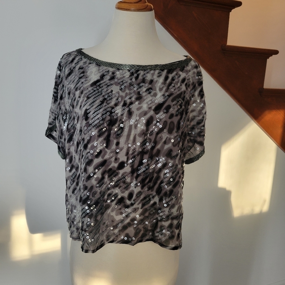 BCBGMaxazria Black Combo Silk Sequin Top‎ New Size S